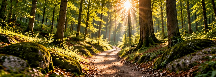 Sonnenbeschienener Waldweg als Ort für Waldzeit-Coaching